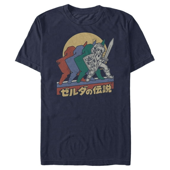 Men's Nintendo Zelda Retro Link Kanji Portrait Graphic Tee Navy Blue Small