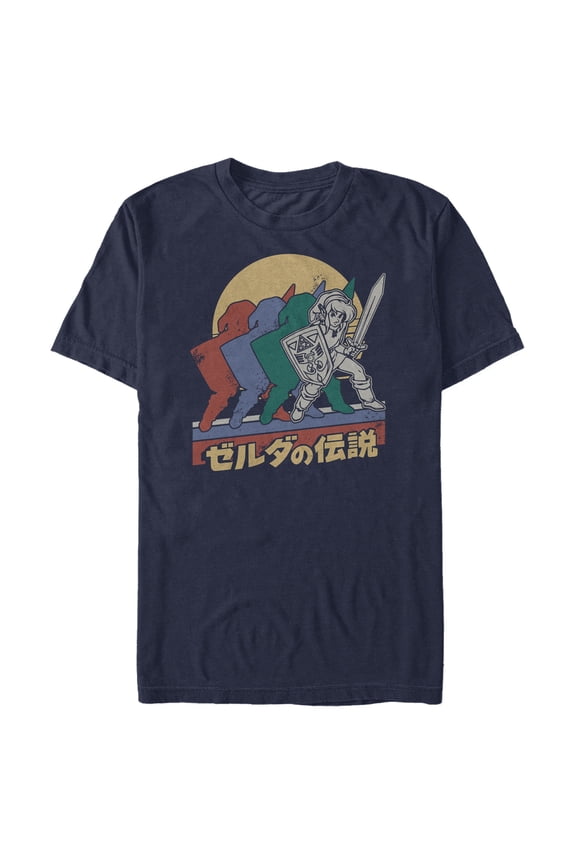 Men's Nintendo Zelda Retro Link Kanji Portrait Graphic Tee Navy Blue Small
