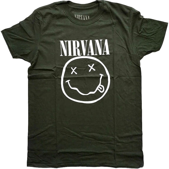 Men's Nirvana White Smiley Slim Fit T-shirt Large Dark Grren