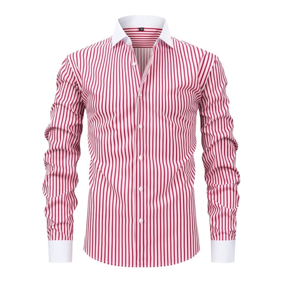 Men's No-Iron Stretchy Long Sleeve Shirts Button-Down Striped Print Shirt Point Collar Casual Business Top