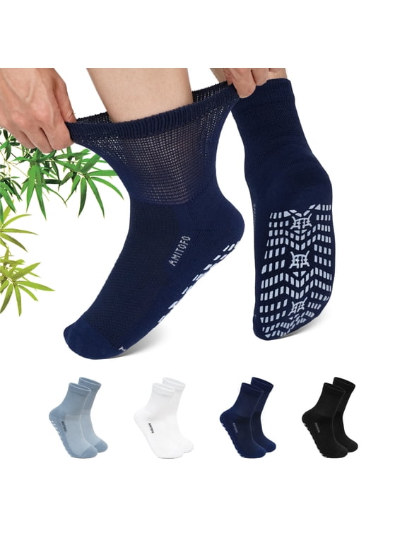 Diabetic Grip Socks for Men Women, 4 Pairs Bamboo Viscose Wide Non Slip Socks, Non Binding Seamless Socks for Swollen Feet, Size 11-13