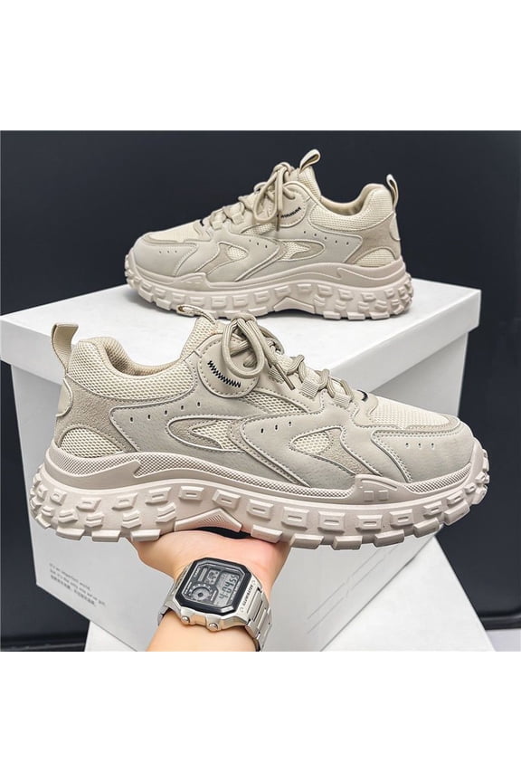 Men's Non-Slip Platform Sneakers - Breathable Beige Shoes with Cushioned Midsole, Lace-Up Closure for Gym, Running, Everyday - Non-Slip Rubber Outsole - Ideal for Fathers & Casual Wearers