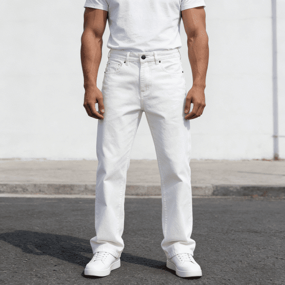 Men's Non-Stretch Straight Leg Jeans - Bright White Denim Pants, Clean Classic Fit Trousers for Casual & Smart Casual Wear