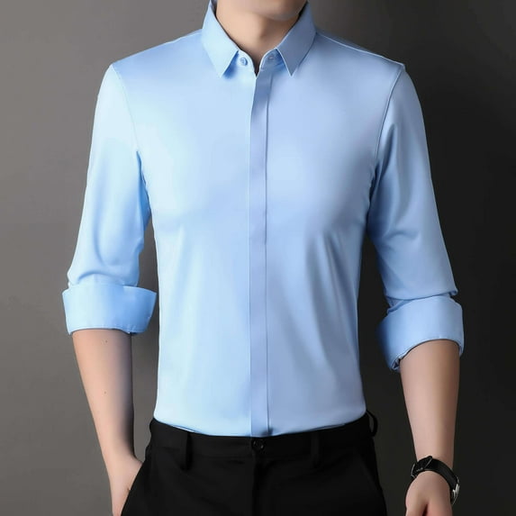 Men's Non-iron Dress Shirts Seamless Shirt Concealed Placket Solid Color