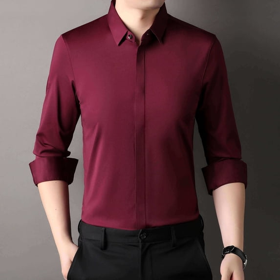 Men's Non-iron Dress Shirts Seamless Shirt Concealed Placket Solid Color