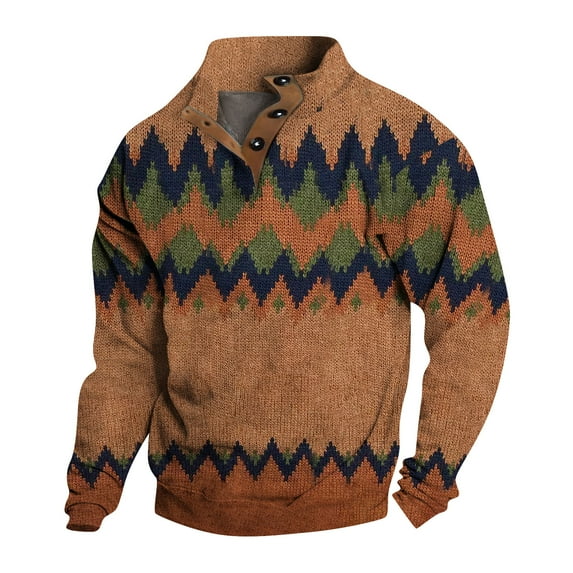 Men's Nordic Pattern Half-Zip Sweater, Warm Winter Pullover with Button Collar, Stylish Casual Knitwear