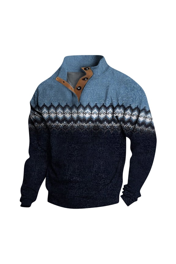 Men's Nordic Pattern Half-Zip Sweater, Warm Winter Pullover with Button Collar, Stylish Casual Knitwear