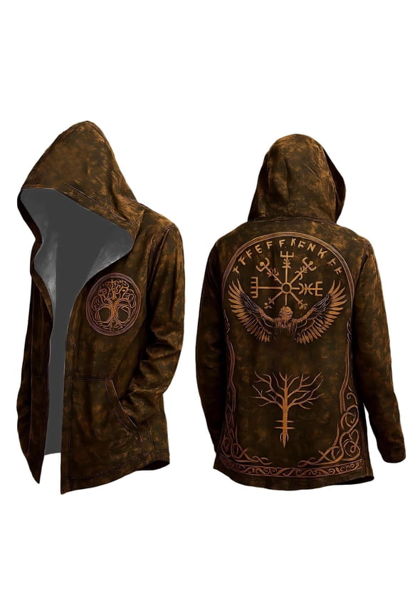Men's Norse Mythology Hooded Cardigan Motorcycle Jacket Long Sleeve Casual Loose Fit Streetwear Coat For Daily Wear Spring Autumn Winter