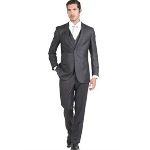 Men's Notch Collar 3 Piece Charcoal Single Breasted Slim Fit Vested Double Vent Suit