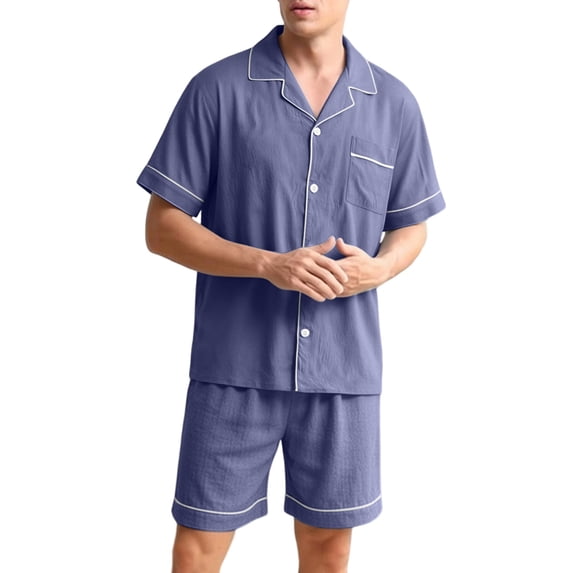 Men's Notch Collar Short Sleeve Pajama Set, Button Down Sleep Top & Elastic Waist Sleep Shorts with Pockets, Summer Soft Home Nightwear Dark Blue