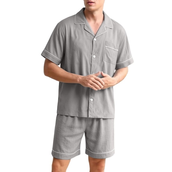 Men's Notch Collar Short Sleeve Pajama Set, Button Down Sleep Top & Elastic Waist Sleep Shorts with Pockets, Summer Soft Home Nightwear Dark Gray