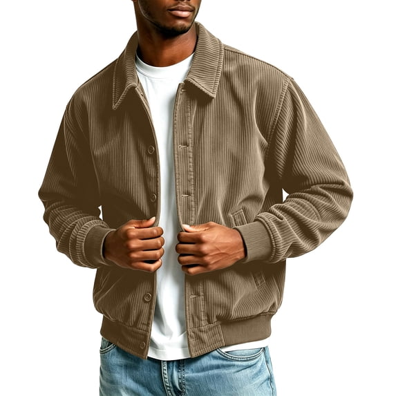 Men's Notch Lapel Button Down Shirt, Solid Color Long Sleeve Dress Shirt Khaki L