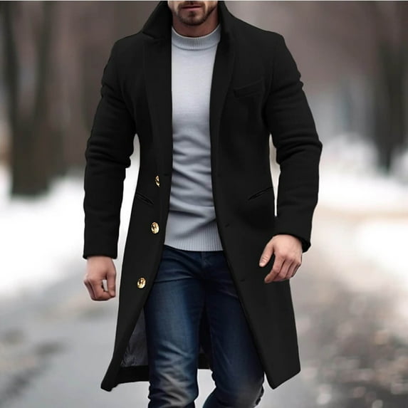 Men's Notch Lapel Double Breasted Long Trench Coat Casual Cotton Blend Peacoat Men Casual Button Solid Long Sleeve Pockets Turn Down Collar Outwear Coat