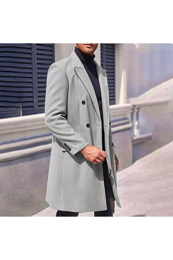 Men's Notch Lapel Double Breasted Long Trench Coat Casual Cotton Blend Peacoat Men Casual Button Solid Long Sleeve Pockets Turn Down Collar Outwear Coat