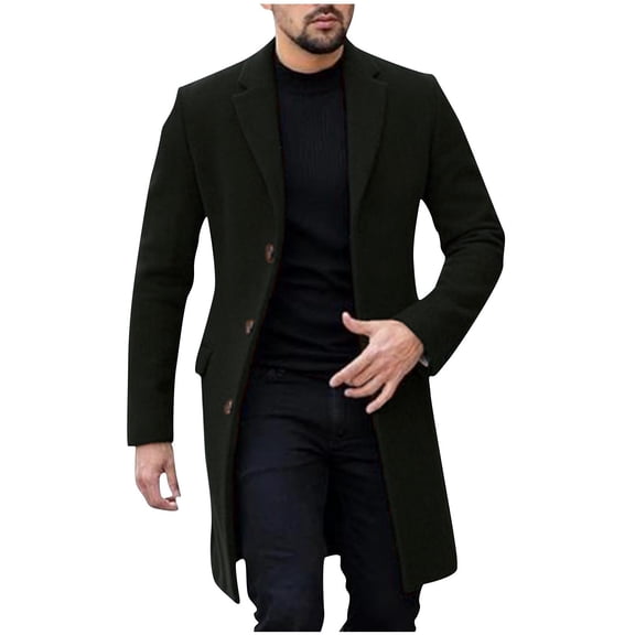 Men's Notch Lapel Double Breasted Long Trench Coat Casual Cotton Blend Peacoat Men Casual Button Solid Long Sleeve Pockets Outwear Coat