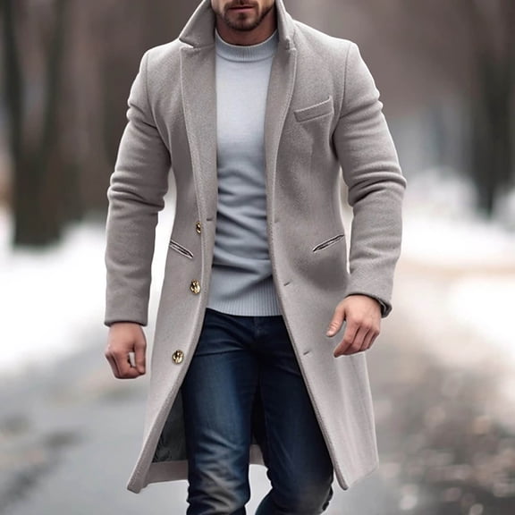 Men's Notch Lapel Double Breasted Long Trench Coat Casual Cotton Blend Peacoat Men Casual Button Solid Long Sleeve Pockets Turn Down Collar Outwear Coat