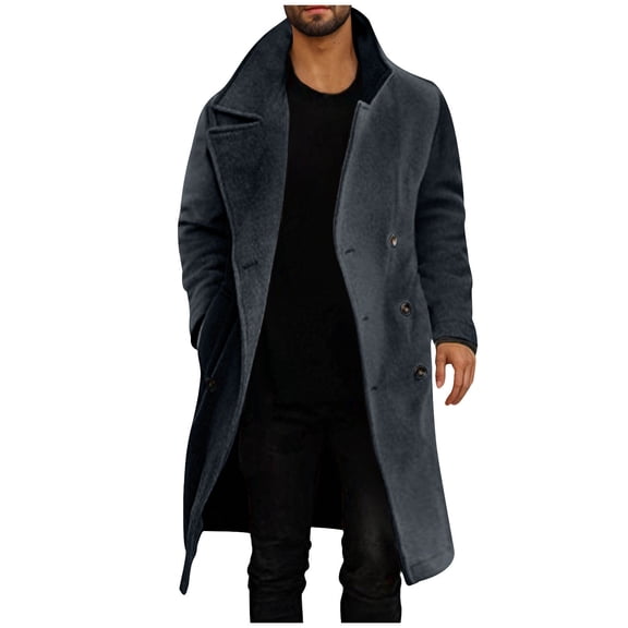Men's Notch Lapel Double Breasted Wool Coat British Style Long Sleeve Trench Coat Classic Solid Fall Winter Pea Coat