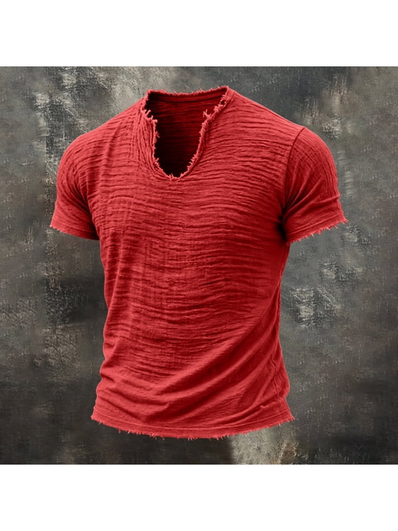 Men's Notch V Neck T-Shirt Short Sleeve Raw Edge Textured Slub Cotton Linen Casual Muscle Slim Fit Tee Wine 2XL