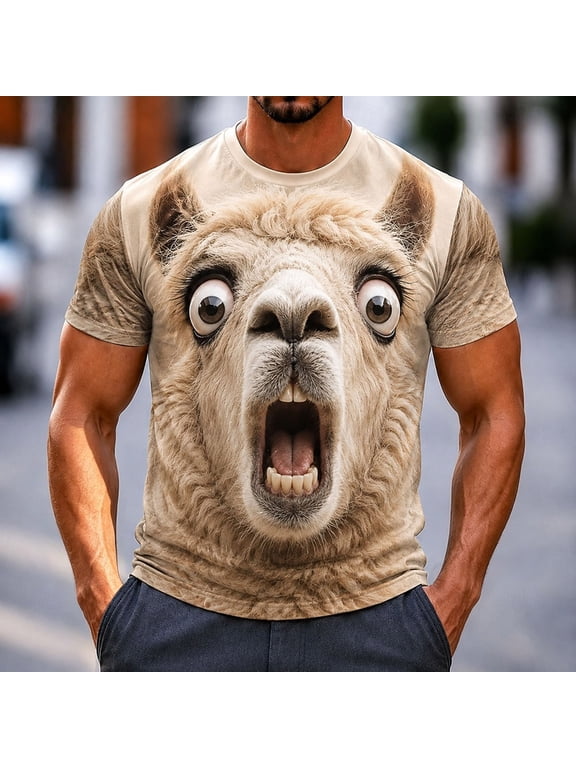 Men's Novelty 3D Alpaca Llama Graphic Tees Funny Animal Print T-Shirt Short Sleeve Crew Neck Casual Summer Shirts Breathable Tops for Men