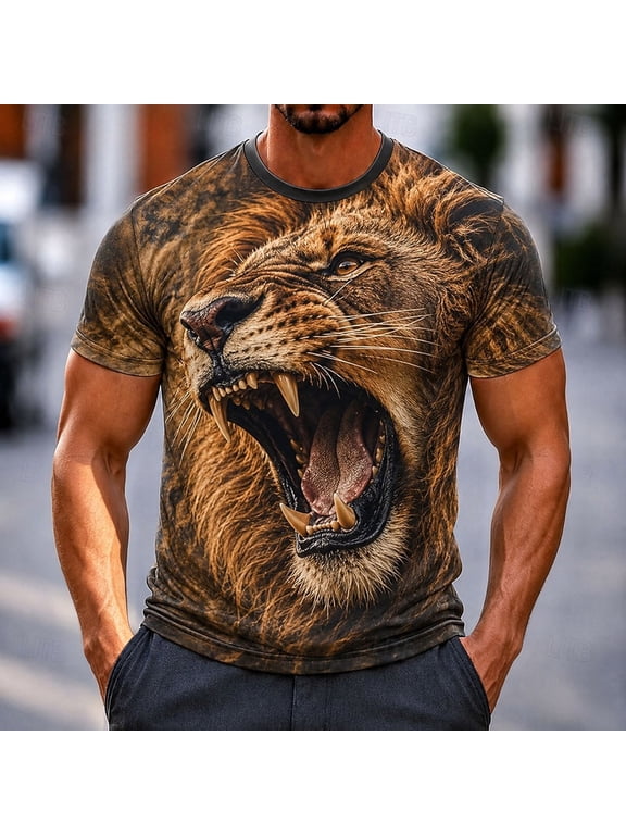 Men's Novelty 3D Lion Printed T-Shirts Funny Animal Graphic Tees Short Sleeve O-Neck Casual Summer Tops Lightweight Activewear for Party and Daily