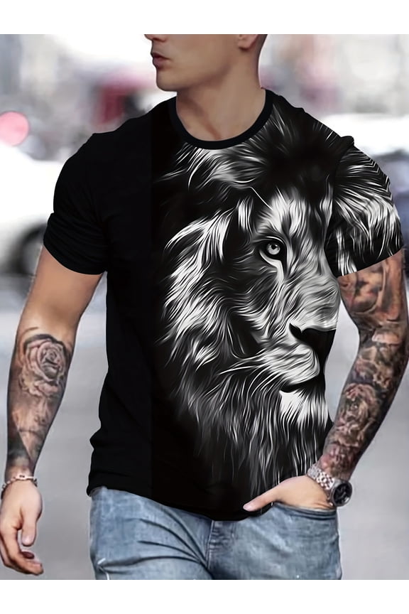 Men's Novelty 3D Print Short Sleeve T-Shirt - Casual Polyester, Fashionable Men's Apparel, Machine Washable, Crew Neck, Black with White Details