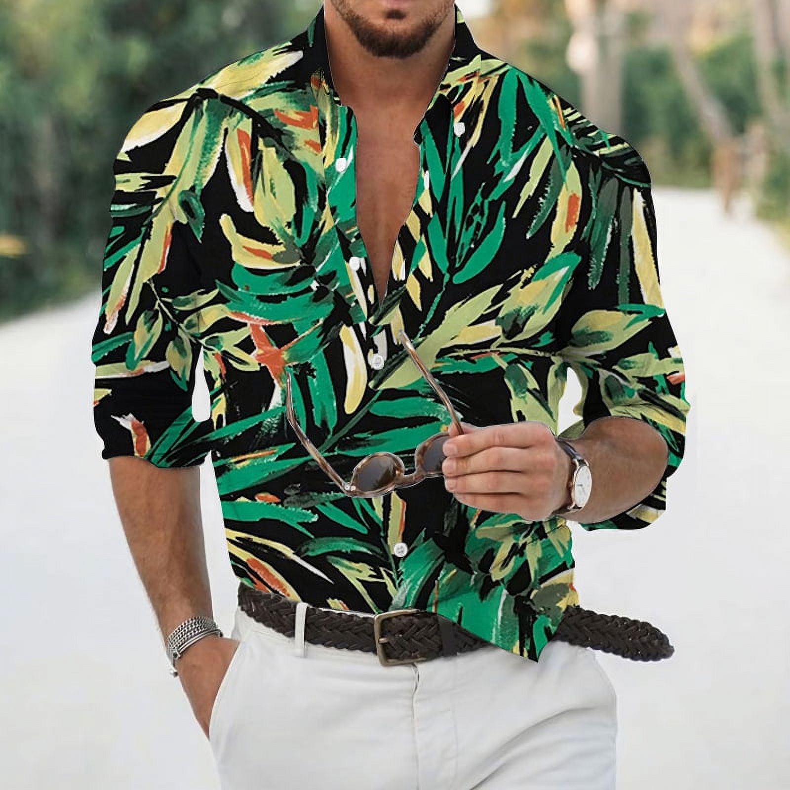 Men's Casual Long Sleeve Button Down Shirt - Stretch Cotton, Fashion Print, Versatile For Dates & Parties