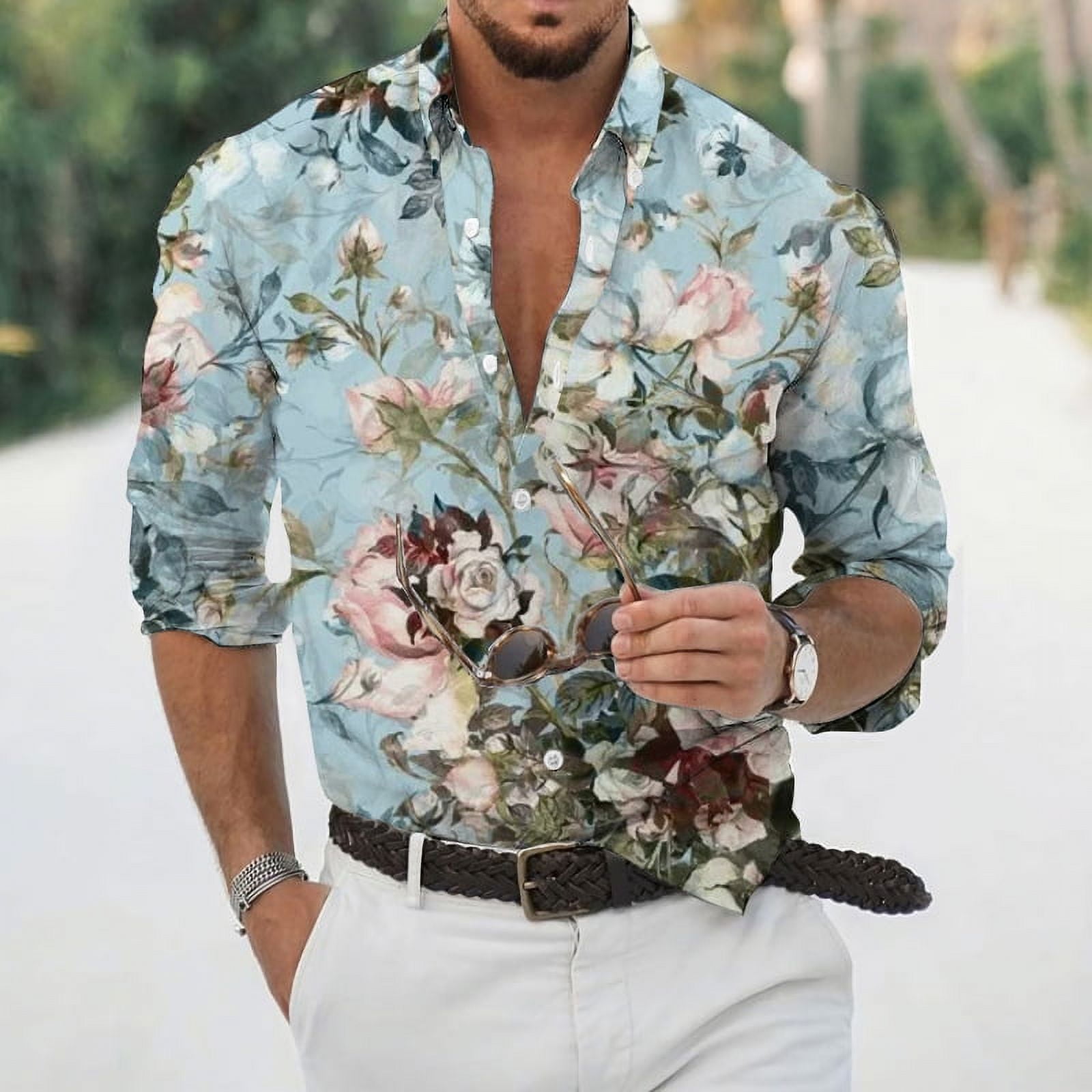 Men's Novelty Button Down Dress Shirts Casual Floral 3D Vintage Print