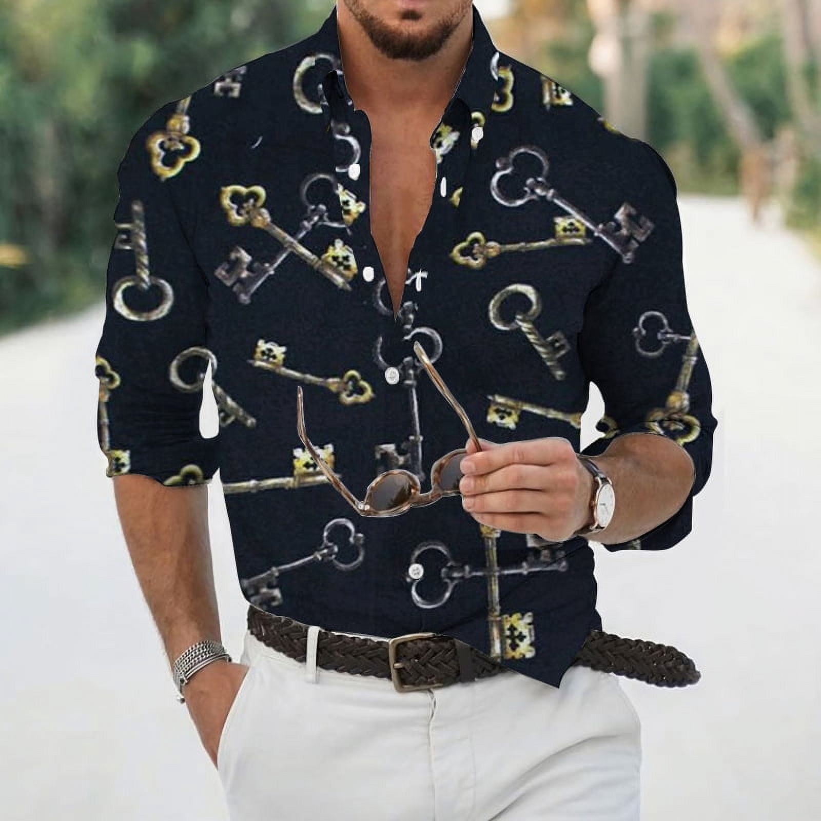 Men's Casual Long Sleeve Button Down Shirt - Stretch Cotton, Fashion Print, Versatile For Dates & Parties