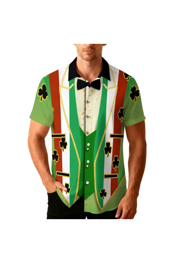 Men's Novelty St Patricks Day Button Down T-Shirts Ugly 3D Printed Shamrock Tuxedo Tees Shirt Clover Leaves Casual Short Sleeve Shirts