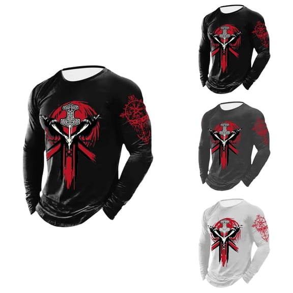 Men's Novelty Viking Raven Print T-Shirt, Long Sleeve Lightweight Casual Norse Mythology Graphic Tee – Soft & Comfortable for Daily Wear