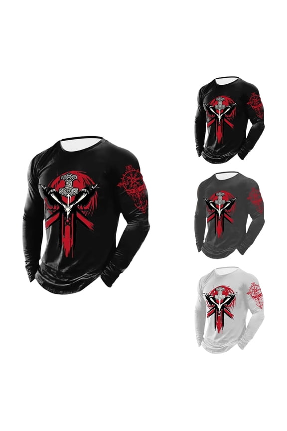 Men's Novelty Viking Raven Print T-Shirt, Long Sleeve Lightweight Casual Norse Mythology Graphic Tee – Soft & Comfortable for Daily Wear