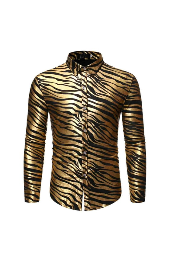 Men's Novelty Zebra Print Shiny Bronzing Dress Shirt Stretch Long Sleeve Button Down Sparkle Party Shirts