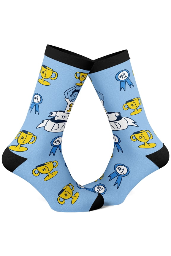 Men's Number One Dad Socks Funny #1 Trophy Father Blue Ribbon Award Footwear