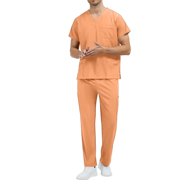 Men's Nursing Scrubs Set 2 Piece V-Neck Short Sleeve Top and Pants with Multi Pockets for Doctor Hospital Work Uniform Yellow S