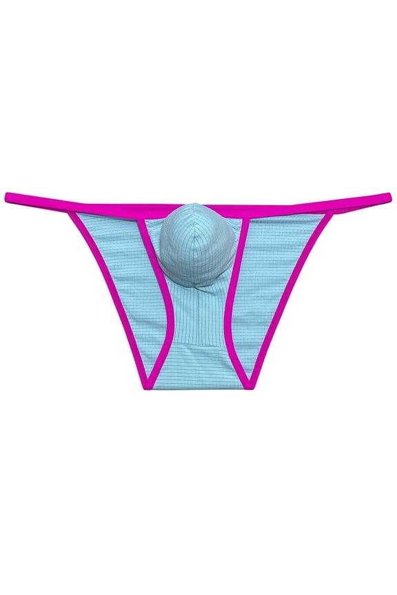 Men's Nylon Micro Bikini Briefs Breathable Checkered Spandex Underwear with Pouch Sensual Lingerie Tangas Light Blue M