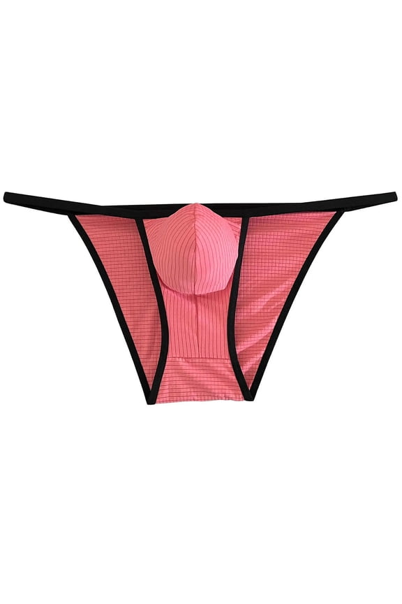 Men's Nylon Micro Bikini Briefs Breathable Checkered Spandex Underwear with Pouch Sensual Lingerie Tangas Peach Carmine M