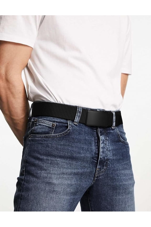 Men's Nylon Ratchet Belt, Casual Web Click Belt with Slide Buckle for Jeans, Adjustable Trim to Fit
