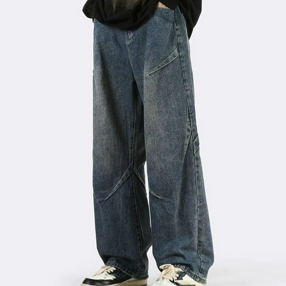 Men's Nylon,Spandex Comfort Flex Waist Baggy Jeans Casual Fall Solid Color Fold Full Length Pants Jeans Blue M Denim Pants for Men