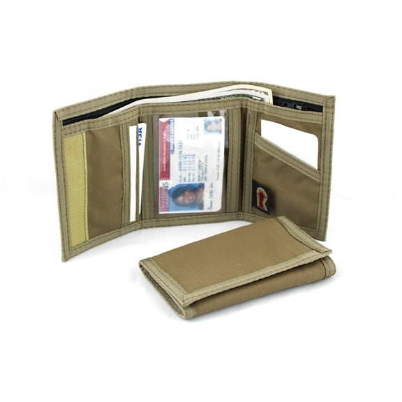 Men's Nylon Trifold Wallet w/INSIDE ID. Hook and Loop Closure. Coyote Brown. USA Made