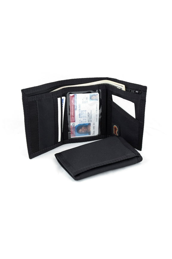 Men's Nylon Trifold Wallet w/Inside ID. Color - Black. Made in USA