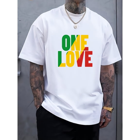 Men's ONE LOVE Graphic T-Shirt - 100% Cotton Casual Short Sleeve Tee with Navy Blue Stripes, Lightweight 180gsm, Regular Fit, Machine Washable, All-Season Comfort