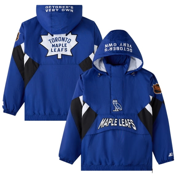 Men's OVO x Starter  Blue Toronto Maple Leafs Half-Zip Hooded Jacket