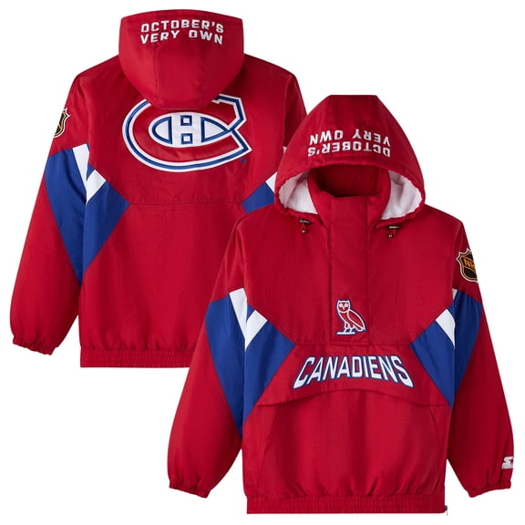 Men's OVO x Starter  Red Montreal Canadiens Half-Zip Hooded Jacket
