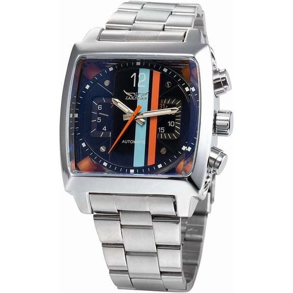 Men’s Oblong Automatic Mechanical Wrist Watch, Sports Analog Watch with Date Display, Silver Stainless Steel Band
