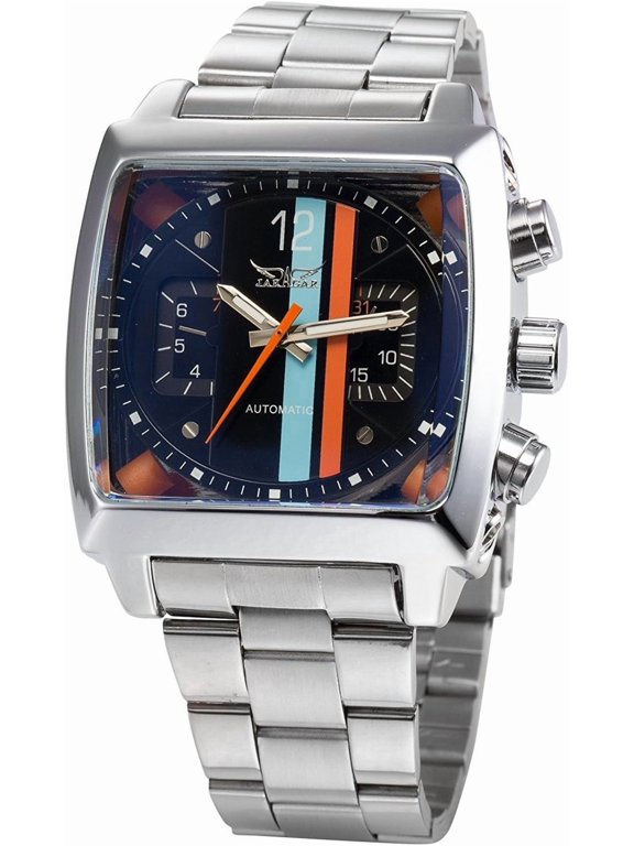 Men’s Oblong Automatic Mechanical Wrist Watch, Sports Analog Watch with Date Display, Silver Stainless Steel Band