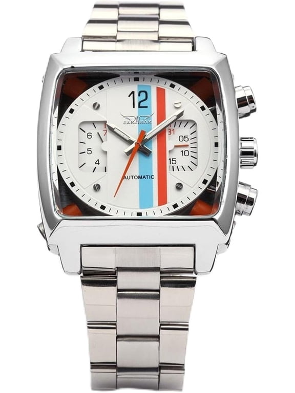 Men’s Oblong Automatic Mechanical Wrist Watch, Sports Analog Watch with Date Display, Silver Stainless Steel Band