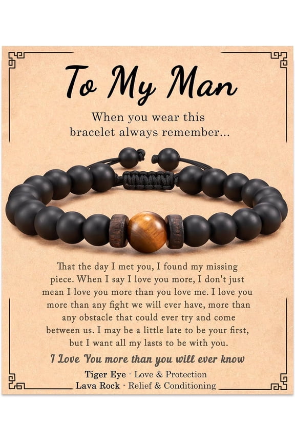 Men's Obsidian Braided Bracelet with Frosted Tiger's Eye & Volcanic Stone Beads - Gift with Card