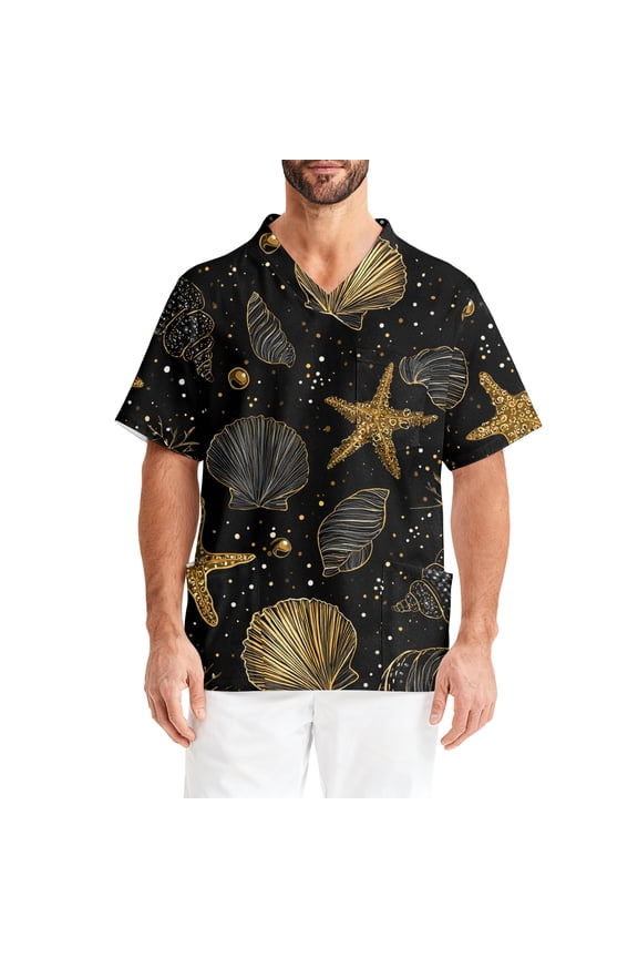 Men's Ocean Theme Print Short Sleeve V-Neck Chest Pocket Caregiver Top, Nautical Design Work Shirt for Healthcare Professionals,Black,M
