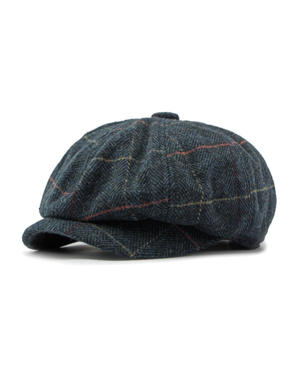 Men’s Octagonal Newsboy Beret Cap Wool Blend Herringbone Tweed Checkered Flat Hat Retro Painter Style Winter Vintage Headwear