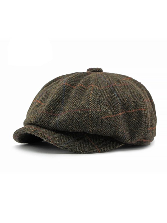 Men’s Octagonal Newsboy Beret Cap Wool Blend Herringbone Tweed Checkered Flat Hat Retro Painter Style Winter Vintage Headwear